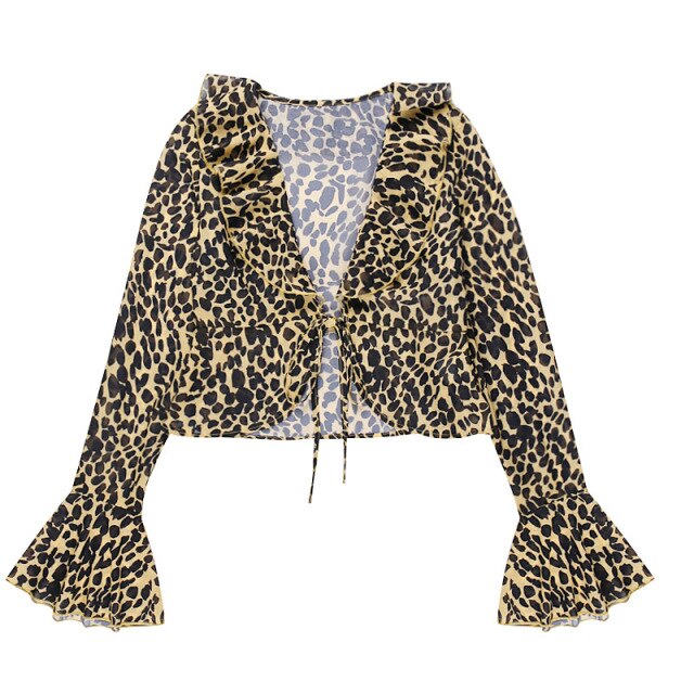 Sexy Leopard Patchwork Irregular Women Tops Vintage Ruffled Flare Sleeve T Shirt Streetwear V Neck Slim Tee 2022 Spring New