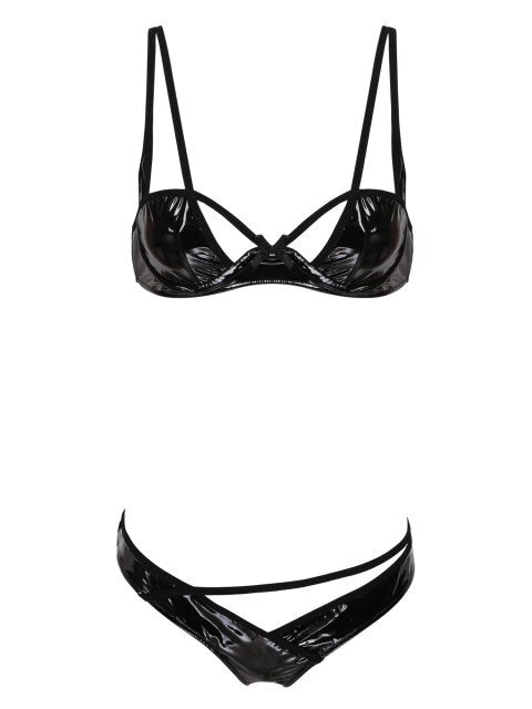 Sexy Lingerie Bra Underwear Sets Patent Leather Hollow Out Sexy Suit Unlined Underwired Erotic Hot Bra Tops with G-string Briefs