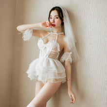 Load image into Gallery viewer, Sexy Lingerie Erotic Wedding Cosplay Costume Girl Backless Mini Night Dress Halter Lace Veil Mesh Ruffle Deep V Home Sleepwear