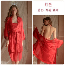 Load image into Gallery viewer, Sexy Lingerie Female Mesh Temptation Bellyband Lace HomeDress Perspective Bathrobe Three-Piece Bra Set And Robe