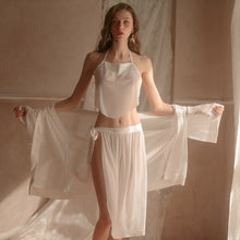 Load image into Gallery viewer, Sexy Lingerie Female Mesh Temptation Bellyband Lace HomeDress Perspective Bathrobe Three-Piece Bra Set And Robe