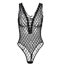 Load image into Gallery viewer, Sexy Lingerie Fishnet Bodysuit Jumpsuit Mesh Transparent Hollow Lace Bandage Bodysuit Elegant Bodycon Jumpsuit Women Rompers