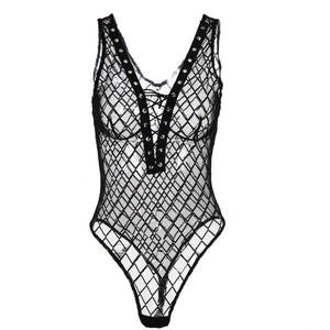 Sexy Lingerie Fishnet Bodysuit Jumpsuit Mesh Transparent Hollow Lace Bandage Bodysuit Elegant Bodycon Jumpsuit Women Rompers