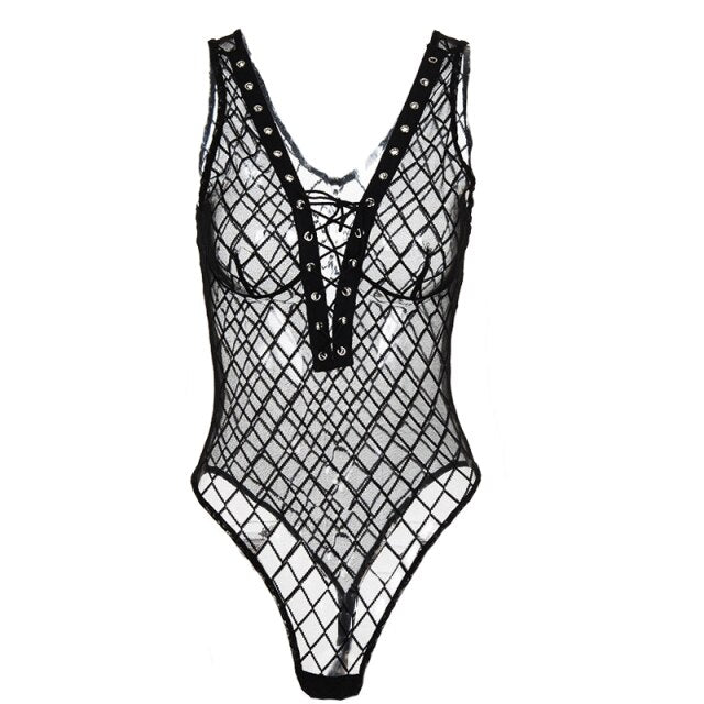 Sexy Lingerie Fishnet Bodysuit Jumpsuit Mesh Transparent Hollow Lace Bandage Bodysuit Elegant Bodycon Jumpsuit Women Rompers