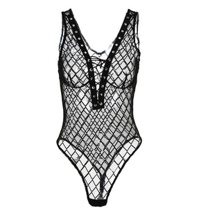 Sexy Lingerie Fishnet Bodysuit Jumpsuit Mesh Transparent Hollow Lace Bandage Bodysuit Elegant Bodycon Jumpsuit Women Rompers