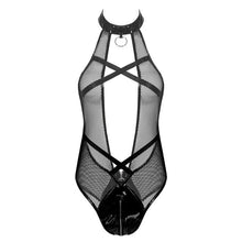 Load image into Gallery viewer, Sexy Lingerie Fishnet Bodysuit Womens Erotic Patent Leather High Cut Bodysuit Hollow Out Halter Neck O-Ring Patchwork Leotard