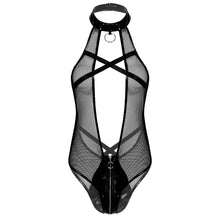 Load image into Gallery viewer, Sexy Lingerie Fishnet Bodysuit Womens Erotic Patent Leather High Cut Bodysuit Hollow Out Halter Neck O-Ring Patchwork Leotard