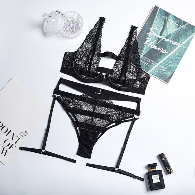 Sexy Lingerie Lace Erotic Sets Hollow Out Deep-V Bra G-Strings Thongs Exotic 2-Pieces Underwear Leg Straps Bondage Outfits