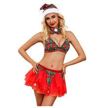 Load image into Gallery viewer, Sexy Lingerie Lattice Miniskirt Women Bow Tie Feather Hat Sleepwear Wireless Bra Christmas нижнее белье для секса Underwear Set
