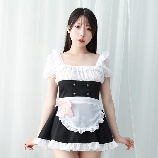 Sexy Lingerie Maid Cosplay Outfit For Women Sexy Skirt Uniform Dress Japanese Roleplay Costume Girl Translucent White Maid Apron