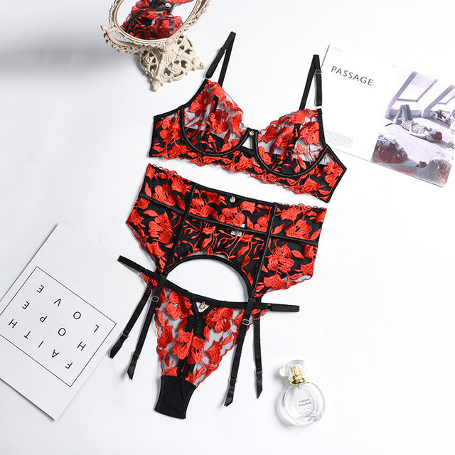 Sexy Lingerie Red Floral Embroidery Patchwork Underwear Bra Set Garters Sensual Lingerie Sex Panties Transparent Erotic Costumes