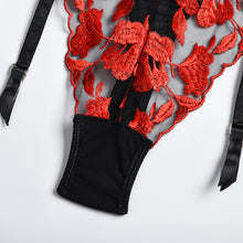 Load image into Gallery viewer, Sexy Lingerie Red Floral Embroidery Patchwork Underwear Bra Set Garters Sensual Lingerie Sex Panties Transparent Erotic Costumes