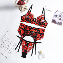 Load image into Gallery viewer, Sexy Lingerie Red Floral Embroidery Patchwork Underwear Bra Set Garters Sensual Lingerie Sex Panties Transparent Erotic Costumes