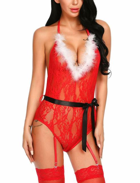Sexy Lingerie Women Lace Feather Bodysuit with Garter Belt Female Perspective Chemise Underwear Red Santa Claus Exotic Costumes