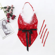 Load image into Gallery viewer, Sexy Lingerie Women Lace Feather Bodysuit with Garter Belt Female Perspective Chemise Underwear Red Santa Claus Exotic Costumes
