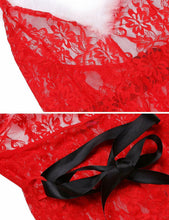 Load image into Gallery viewer, Sexy Lingerie Women Lace Feather Bodysuit with Garter Belt Female Perspective Chemise Underwear Red Santa Claus Exotic Costumes
