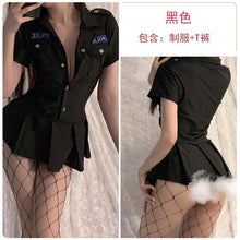 Load image into Gallery viewer, Sexy Lingerie Women Police Uniform Cosplay Erotic Temptation Sex Costume Black Deep V Pleated Sexy Nightdress with Thongs Suit
