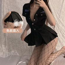 Load image into Gallery viewer, Sexy Lingerie Women Police Uniform Cosplay Erotic Temptation Sex Costume Black Deep V Pleated Sexy Nightdress with Thongs Suit