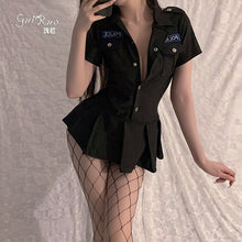 Load image into Gallery viewer, Sexy Lingerie Women Police Uniform Cosplay Erotic Temptation Sex Costume Black Deep V Pleated Sexy Nightdress with Thongs Suit