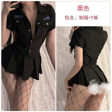 Load image into Gallery viewer, Sexy Lingerie Women Police Uniform Cosplay Erotic Temptation Sex Costume Black Deep V Pleated Sexy Nightdress with Thongs Suit