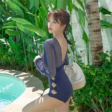 Load image into Gallery viewer, Sexy Long Sleeve One Piece Swimsuit Women Solid Swimwear Lace Mesh Monokini Cut Out Korea Bathing Suit Push Up Open Back Blue