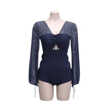 Load image into Gallery viewer, Sexy Long Sleeve One Piece Swimsuit Women Solid Swimwear Lace Mesh Monokini Cut Out Korea Bathing Suit Push Up Open Back Blue