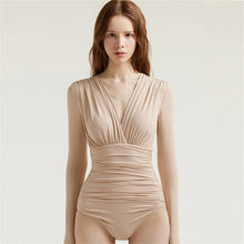 Load image into Gallery viewer, Sexy Long Sleeve One Piece Swimsuit Women Solid Swimwear Pleated Monokini Push Up Swim Suit Black Rash Guard Pad Bathing Suit