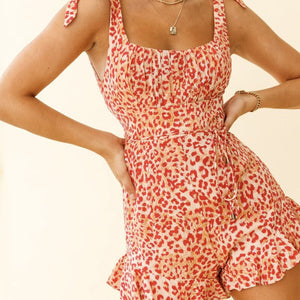 Sexy Low Cut Bandage Slash Neck Female Rompers Leopard Print Suspender Ruffled U Shaped Open Back Jumpsuit Streetwear 2022 New