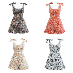 Sexy Low Cut Bandage Slash Neck Female Rompers Leopard Print Suspender Ruffled U Shaped Open Back Jumpsuit Streetwear 2022 New