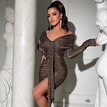 Load image into Gallery viewer, Sexy Low Cut Folds Slash Neck Mini Dress Solid Long Sleeve Off Shoulder Elegant Skinny Dresses 2022 Spring New Streetwear