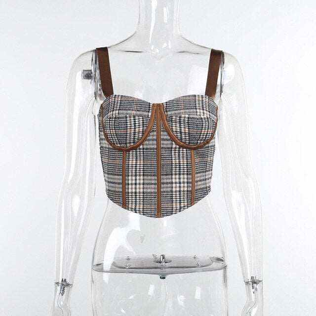 Sexy Low Cut Patchwork Wave Collar Female Camis Office Lady Sleeveless Sling Plaid Slim Crop Top E Girl Streetwear 2022 New