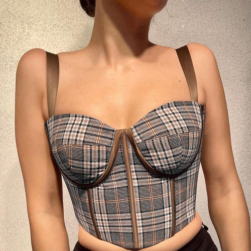 Sexy Low Cut Patchwork Wave Collar Female Camis Office Lady Sleeveless Sling Plaid Slim Crop Top E Girl Streetwear 2022 New