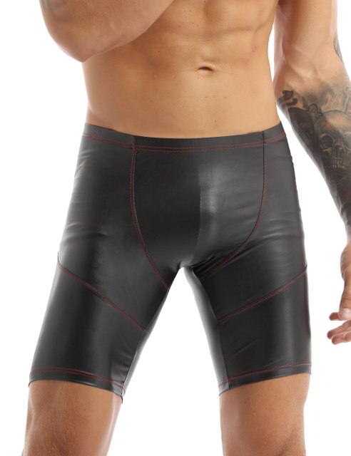 Sexy Mens Faux Leather Shorts Sports Gym Tights Shorts Body Suits Pants Swimsuit Trunks Boxer Swimming Wear Shorts Bathing Suit