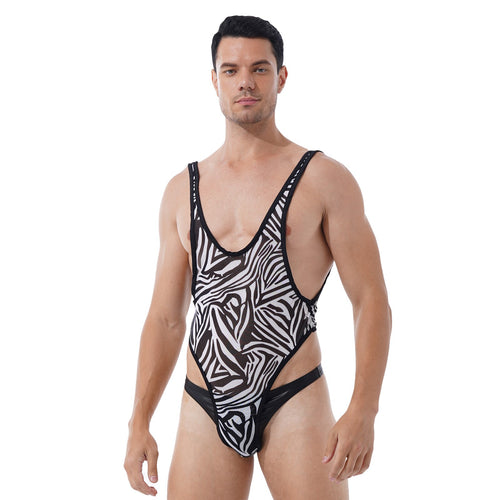 Sexy Mens Lingerie Mesh Bodysuit  Underwear Sheer Zebra Jumpsuit Romper Singlet Bodysuit One Piece Erotic Sex Male Costume