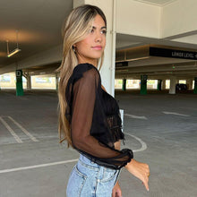 Load image into Gallery viewer, Sexy Mesh Patchwork Square Collar Women Crop Top Pure Color Pullover Long-sleeved Lace-up Transparent Casual Women Blouse 2022