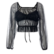 Load image into Gallery viewer, Sexy Mesh Patchwork Square Collar Women Crop Top Pure Color Pullover Long-sleeved Lace-up Transparent Casual Women Blouse 2022
