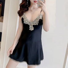 Load image into Gallery viewer, Sexy Night Dress Lace Lingerie Sexy Womens Clothing Satin Night Gown Sleepwear Silk Lace Mini Dress red pink Spaghetti Strap