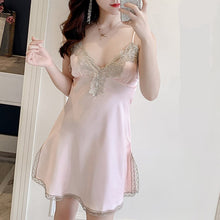 Load image into Gallery viewer, Sexy Night Dress Lace Lingerie Sexy Womens Clothing Satin Night Gown Sleepwear Silk Lace Mini Dress red pink Spaghetti Strap