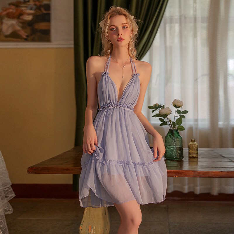 Sexy Night Dress Teen Girl Lace Sleepwear Women See Through Backless Charm Mesh Sling Lingerie Nightgown Camisole Home Suit 2023