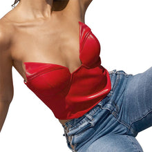 Load image into Gallery viewer, Sexy Nightclub Style Patchwork Deep V Neck Women Tops Pu Leather Tight Fitting Solid Color Open Back Sleeveless Casual Tube Top