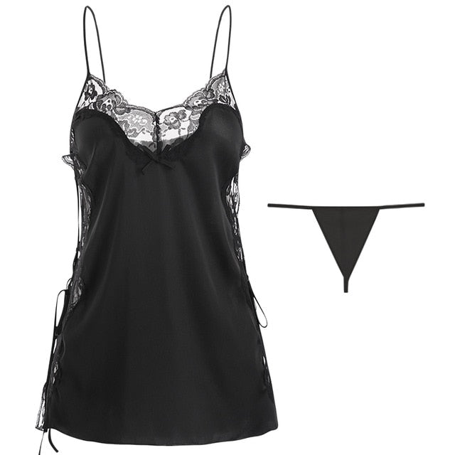 Sexy Nightdress Deep V Lace Sleepwear Women Lingerie Silk Satin nightie Nightgown Babydoll Sleeveless Sling Nightwear Home Dress