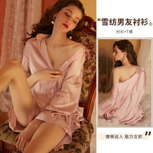 Load image into Gallery viewer, Sexy Nightdress Pajamas Female Autumn Winter Boyfriend Style Shirt Home Clothes Satin Sexy Long Sleeve Cardigan Nightgown Large