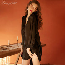 Load image into Gallery viewer, Sexy Nightdress Pajamas Female Autumn Winter Boyfriend Style Shirt Home Clothes Satin Sexy Long Sleeve Cardigan Nightgown Large
