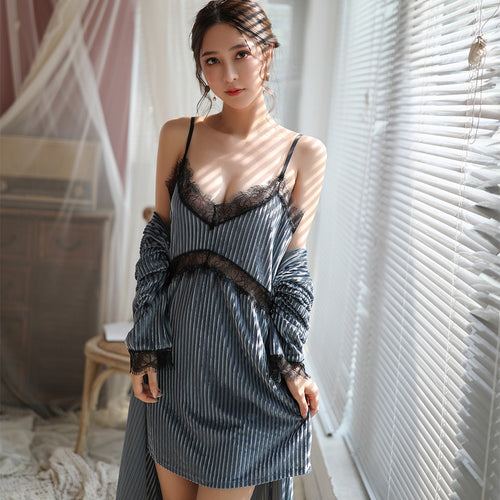 Sexy Nightgown Lingerie Dress Lace Patchwork Nightdress Women Golden Velvet Cosplay Lingerie Bath Robe Nightwear Sleepwear Suit