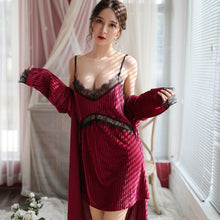 Load image into Gallery viewer, Sexy Nightgown Lingerie Dress Lace Patchwork Nightdress Women Golden Velvet Cosplay Lingerie Bath Robe Nightwear Sleepwear Suit