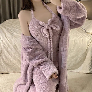 Sexy Nightwear Flannel Pijama Nightgown Women&#39;S Robes Plus Velvet Thick Bathrobe Coral Fleece Nightdress Sets Sexy Home Service