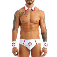 Load image into Gallery viewer, Sexy Nurse Uniform Mens Lingerie Nurse Cosplay Costumes Erotic Sexy Underwear for Sex Briefs with Collar and Red Cross Cuff