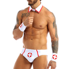 Load image into Gallery viewer, Sexy Nurse Uniform Mens Lingerie Nurse Cosplay Costumes Erotic Sexy Underwear for Sex Briefs with Collar and Red Cross Cuff