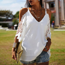Load image into Gallery viewer, Sexy Off Shoulder Lace Patchwork Shirt Blouse Woman Summer Casual Half Sleeve V-neck Pure Color Shirts White Spaghetti Top Femme