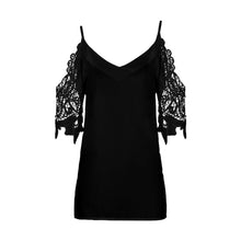 Load image into Gallery viewer, Sexy Off Shoulder Lace Patchwork Shirt Blouse Woman Summer Casual Half Sleeve V-neck Pure Color Shirts White Spaghetti Top Femme